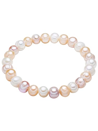 Valero Pearls Damen-Armband elastisch Hochwertige Süßwasser-Zuchtperlen ca. 8 mm Barock weiß/apricot/flieder - Perlenarmband mit echten Perlen von Valero Pearls