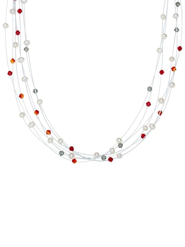 Valero Pearls Damen-Kette Hochwertige Süßwasser-Zuchtperlen in ca. 6 mm Oval weiß 925 Sterling Silber verziert mit Kristallen von Swarovski® rot/orange 43 cm + 5 cm Verlängerung 400551 von Valero Pearls