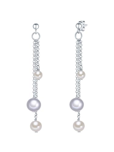 Valero Pearls Damen-Ohrhänger 925/- Sterling Silber mit Süßwasser-Zuchtperlen 4-6 mm Weiß Grau Rund - Perlenohrhänger von Valero Pearls