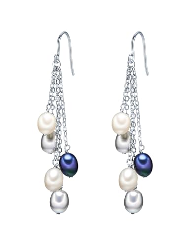 Valero Pearls Damen-Ohrhänger 925/- Sterling Silber mit Süßwasser-Zuchtperlen 5.0-5.5 mm Weiß Blau Pfauenblau - Perlenohrhänger von Valero Pearls