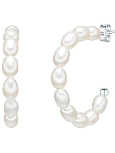 Valero Pearls Damen Perlencreolen aus 925/- Sterling Silber mit Süßwasser-Zuchtperlen Reisförmig 5-6 mm weiß Creolen Perlenohrschmuck Stecker von Valero Pearls