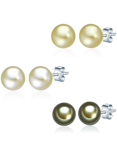 Valero Pearls Damen-Set: 3 Paar Ohrstecker Hochwertige Süßwasser-Zuchtperlen in ca. 7 mm Button grün 925 Sterling Silber - Perlenohrstecker mit echten Perlen hellgrün hellgelb 60200125 von Valero Pearls