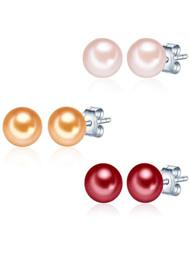 Valero Pearls Damen-Perlenohrringe 3er Set Süßwasser Zuchtperle rosa pink orange Sterling Silber - Perlenohrstecker Süßwasser-zuchtperle Set 925 Ohrstecker Süßwasserperlen Ohrringe Stecker von Valero Pearls