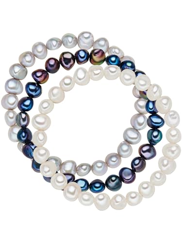 Valero Pearls Damen-Armband 3er Set hochwertige Süßwasser-Zuchtperle hellgrau weiß blau 19 cm - Perlenarmbänder mit echten Perlen weiss dunkelblau grau 60201782 von Valero Pearls