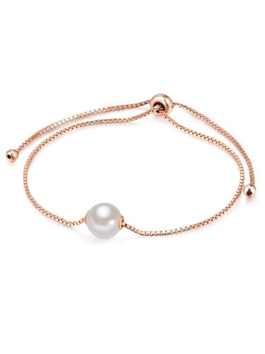 Valero Pearls Damen-Armband Sterling Silber rosévergoldet mit Perlenanhänger mit Süßwasser-Zuchtperle weiß flexibel verstellbar 14 cm bis 22 cm - Perlen-Armband mit Perlen-Anhänger groß von Valero Pearls