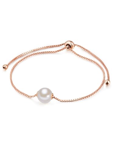 Valero Pearls Damen-Armband Sterling Silber rosévergoldet mit Perlenanhänger Süßwasser-Zuchtperle weiß flexibel verstellbar mit Perlen-Anhänger groß von Valero Pearls