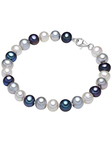 Valero Pearls Damen Perlenarmband Süßwasser-Zuchtperlen 7-8 mm Potato weiß/silber/blau 925 Sterling Silber - Armband geknotet Multicolor von Valero Pearls