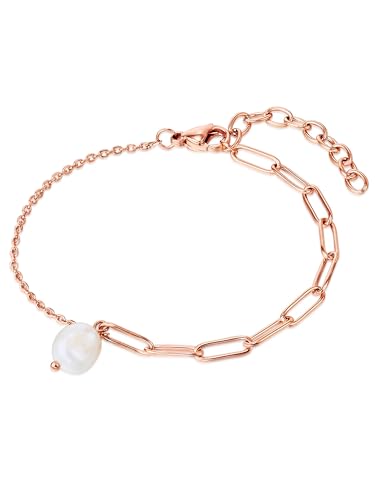 Valero Pearls Damen Armband aus Edelstahl rosévergoldet mit Barock Süßwasser-Zuchtperle 6,3 mm weiß - Edelststahlarmband Rosegold mit Perle von Valero Pearls