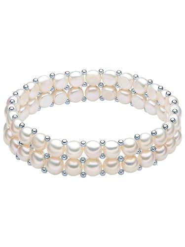 Valero Pearls Damen Perlenarmband mit 925/- Sterling Silber und Button Süßwasser-Zuchtperlen 6-7 mm weiß Zweireihig - flexibel/ohne Verschluss von Valero Pearls