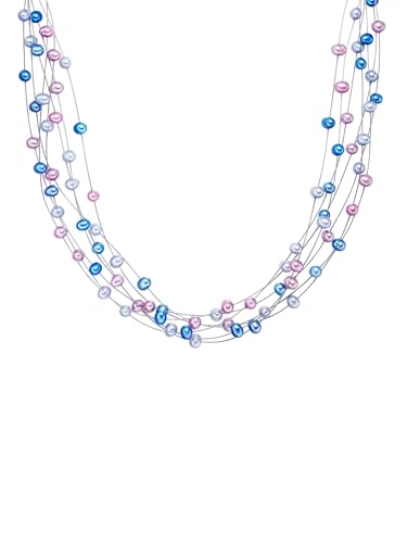 Valero Pearls Damen mehrreihige Perlenhalskette Süßwasser-Zuchtperlen 5-6 mm blau/violett/silbergrau 925 Sterling Silber - Edelstahldraht von Valero Pearls