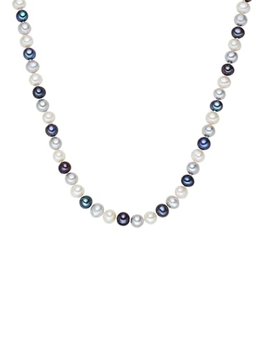 Valero Pearls Damen Perlenhalskette Süßwasser-Zuchtperlen 7-8 mm Potato weiß/silber/blau 925 Sterling Silber - Perlenkette geknotet Multicolor von Valero Pearls