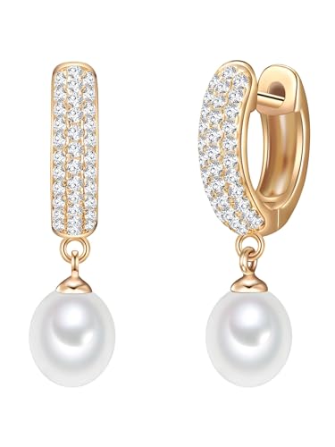 Valero Pearls Damen-Creolen Sterling Silber 925 gelbvergoldet Süßwasser-Zuchtperlen weiß - Ohrhänger für Frauen in Gelbgold-Farben mit Süßwasser-perle von Valero Pearls