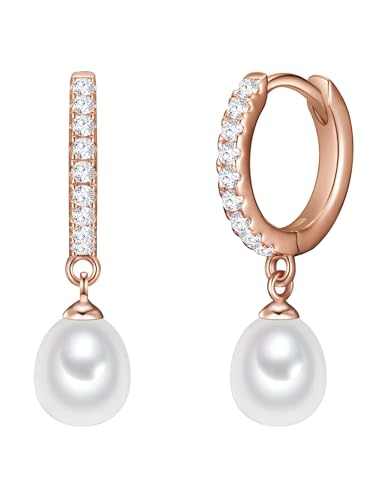 Valero Pearls Damen-Creolen Sterling Silber 925 rosévergoldet Süßwasser-Zuchtperlen weiß - Ohrhänger für Frauen in Roségold-Farben mit Süßwasser-perle von Valero Pearls