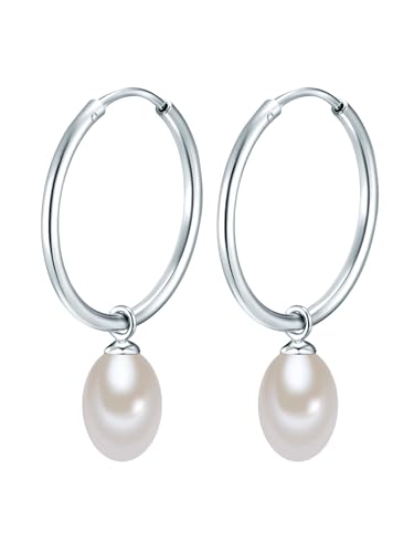 Valero Pearls Damen-Creolen mit Perlen-Anhänger Sterling Silber mit Süßwasser-Zuchtperlen weiß - Perlenohrhänger Silber-Ohrringe von Valero Pearls