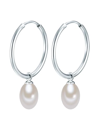 Valero Pearls Damen-Creolen mit Perlen-Anhänger Sterling Silber mit Süßwasser-Zuchtperlen weiß - Perlenohrhänger Silber-Ohrringe von Valero Pearls