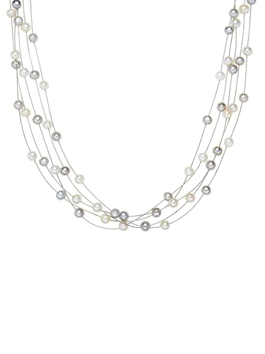 Valero Pearls Damen-Kette Hochwertige Süßwasser-Zuchtperlen in ca. 6 mm Oval weiß/grau 925 Sterling Silber 43 cm - Perlenkette mit echten Perlen mehrreihig 400320 von Valero Pearls