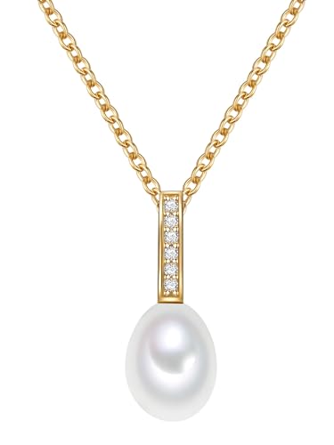 Valero Pearls Damen-Kette Sterling Silber 925 gelbvergoldet Süßwasser-Zuchtperlen Zirkonia weiß - Halskette Frauen Gelbgold-Farben Süßwasser-perle von Valero Pearls