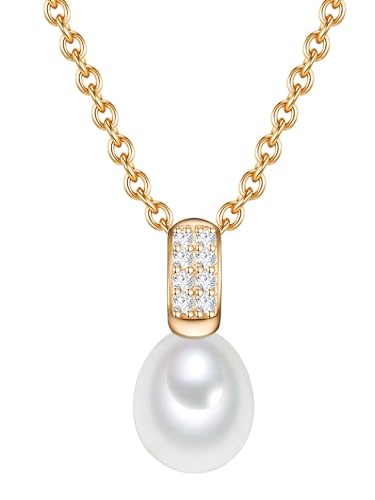 Valero Pearls Damen-Kette Sterling Silber 925 gelbvergoldet Süßwasser-Zuchtperlen Zirkonia weiß - Halskette Frauen Gelbgold-Farben Süßwasser-perle von Valero Pearls