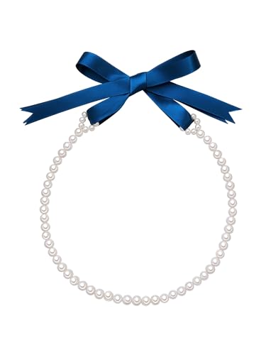Valero Pearls Damen Perlenkette mit Potato Süßwasser-Zuchtperlen 7-7,5 mm weiß und Satin Schleife dunkelblau - Perlenhalskette mit Satinband von Valero Pearls