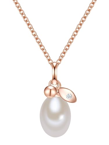 Valero Pearls Damen-Kette mit Anhänger Sterling Silber rosévergoldet mit Süßwasser-Zuchtperle und Zirkonia weiß - Perlenkette mit Perlenanhänger von Valero Pearls