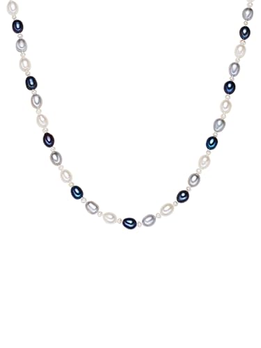 Valero Pearls Damen Perlenkette mit rund/potato Süßwasser-Zuchtperlen 3-6 mm weiß hellgrau blau 925/- Sterling Silber - Perlenhalskette multicolor von Valero Pearls