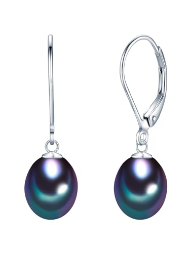 Valero Pearls Damen-Ohrhänger Süßwasser-Zuchtperlen in ca. 9 mm Tropfenform blau 925 Sterling Silber - Perlenohrhänger mit echten Perlen dunkelblau von Valero Pearls