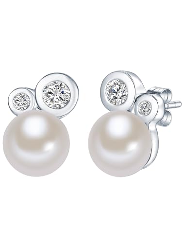 Valero Pearls Damen-Ohrstecker Hochwertige Süßwasser-Zuchtperlen 8 mm Button weiß 925 Sterling Silber Zirkonia - Perlenohrstecker mit echten Perlen von Valero Pearls