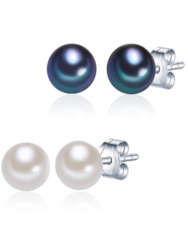 Valero Pearls Damen-Perlenohrringe 2er Set Süßwasser Zuchtperle weiß blau 925/- Sterling Silber - Perlenohrstecker Ohrstecker Süßwasserperlen Stecker von Valero Pearls