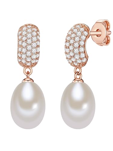 Valero Pearls Damen-Ohrstecker Sterling Silber rosévergoldet Zirkonia farblos Süßwasser-Zuchtperlen weiß - Perlen-Ohrhänger in Roségold-farben mit Süßwasserperlen hängend weiss von Valero Pearls