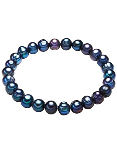 Valero Pearls Damen Perlenarmband mit Barock Süßwasser-Zuchtperlen pfauenblau 7-8 mm - Damenarmband Perlen blauviolett von Valero Pearls