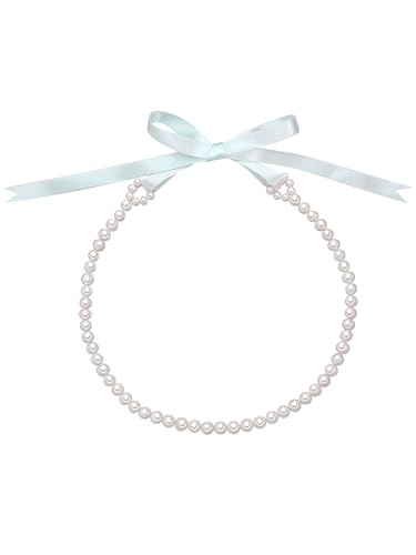 Valero Pearls Damen Perlenkette mit Potato Süßwasser-Zuchtperlen 7-7,5 mm weiß und Satin Schleife mint - Perlenhalskette mit Satinband von Valero Pearls
