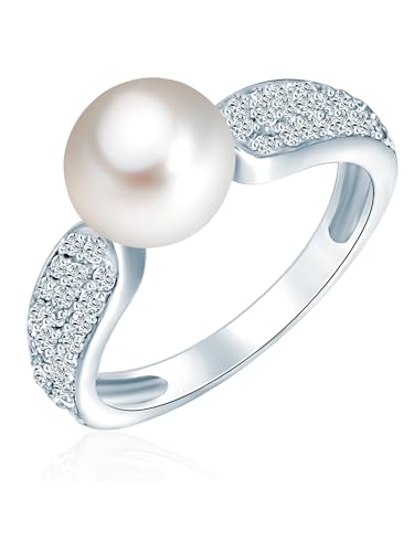 Valero Pearls Damen Perlenring aus 925/- Sterling Silber mit Süßwasser-Zuchtperle 8-9 mm Weiß Buttonförmig Zirkonia Silberring Damenring von Valero Pearls