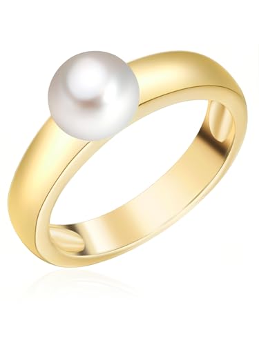 Valero Pearls Damen Perlenring aus 925 Sterling Silber gelbvergoldet mit Süßwasser-Zuchtperle Button 6-7 mm weiß - Silberring Gold mit echter Perle von Valero Pearls