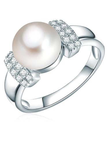 Valero Pearls Damen Perlenring aus 925 Sterling Silber mit Süßwasser-Zuchtperle 9-10 mm Zirkonia weiß von Valero Pearls