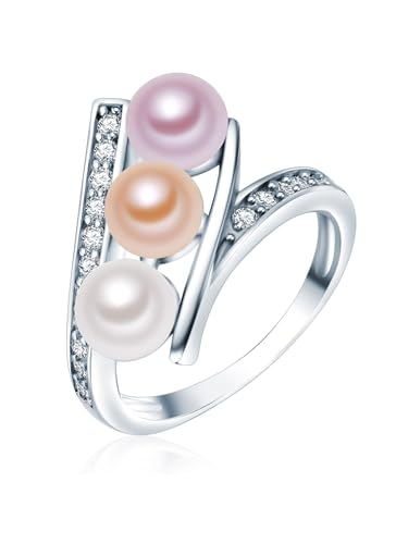 Valero Pearls Damen-Ring Hochwertige Süßwasser-Zuchtperlen 6-7 mm Button weiß/apricot/flieder 925 Sterling Silber - Perlenring Cocktailring von Valero Pearls