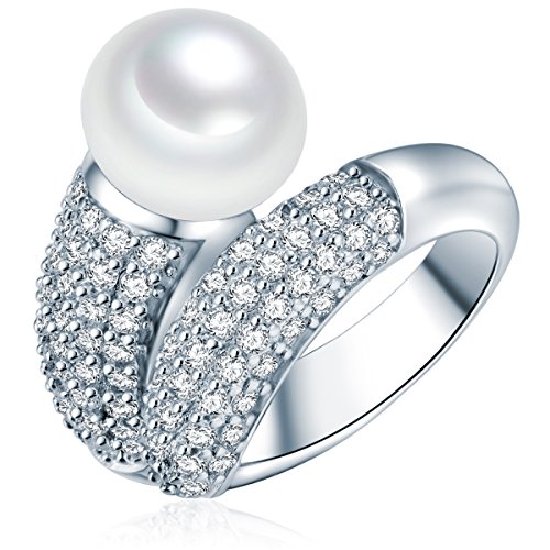 Valero Pearls Damen-Ring Hochwertige Süßwasser-Zuchtperlen in ca. 10 mm Button weiß 925 Sterling Silber Zirkonia weiß - Perlenring mit echten Perle weiss 60201416 von Valero Pearls