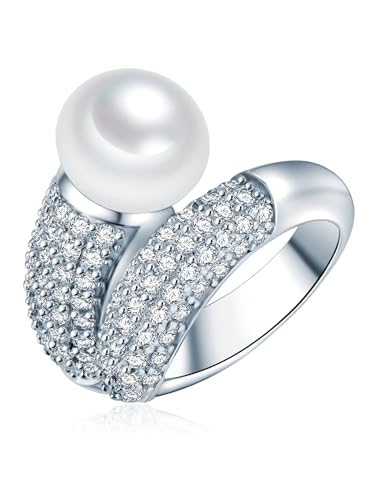 Valero Pearls Damen-Ring Hochwertige Süßwasser-Zuchtperlen 10 mm Button weiß 925 Sterling Silber Zirkonia - Perlenring mit echten Perle von Valero Pearls
