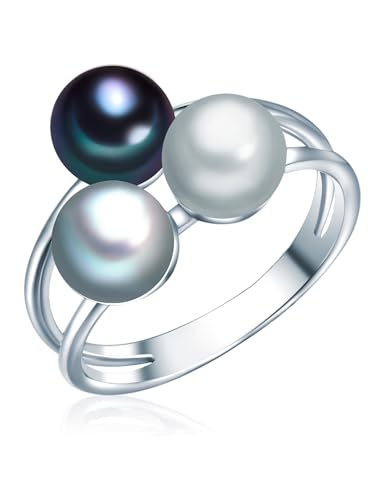 Valero Pearls Damen-Ring Hochwertige Süßwasser-Zuchtperlen 6-7 mm Button grau/silbergrau/pfauenblau 925 Sterling Silber - Perlenring von Valero Pearls