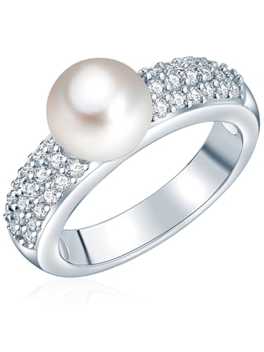Valero Pearls Damen-Ring Hochwertige Süßwasser-Zuchtperlen in ca. 8 mm Button weiß 925 Sterling Silber Zirkonia weiß - Perlenring echte Perle weiss von Valero Pearls