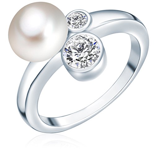 Valero Pearls Damen-Ring Hochwertige Süßwasser-Zuchtperlen in ca. 8 mm Button weiß 925 Sterling Silber Zirkonia weiß - Perlenring mit echten Perlen weiss 60200012 von Valero Pearls