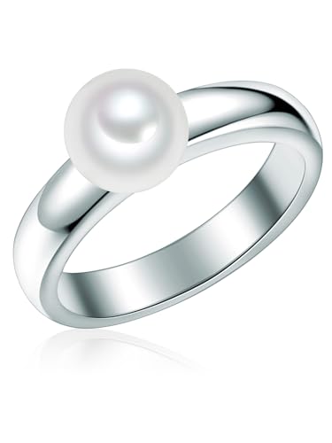 Valero Pearls Damen-Ring 925/- Sterling Silber Süßwasser-Zuchtperlen Rund 7,5-8 mm weiß - Modern-Ring für Frauen Perlenring Süßwasser-Perle groß von Valero Pearls