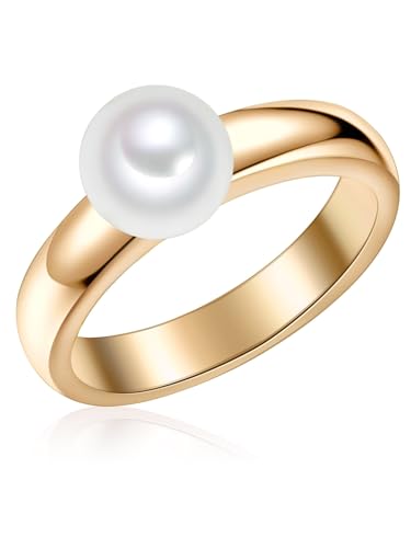 Valero Pearls Damen-Ring 925 Sterling Silber gelbvergoldet Süßwasser-Zuchtperle Rund 7,5-8 mm weiß - Modern-Ring Perlenring Gelbgold-Farben von Valero Pearls