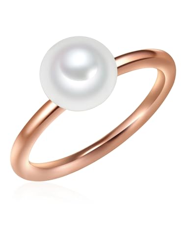 Valero Pearls Damen-Ring 925/- Sterling Silber rosévergoldet Süßwasser-Zuchtperle Button 8 mm weiß - Modern-Ring für Frauen Perlenring Roségold-Farben von Valero Pearls