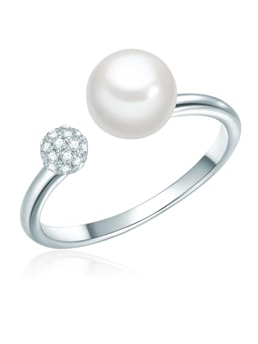 Valero Pearls Damen-Ring 925/-Sterling Silber Süßwasser-Zuchtperle Rund 7 mm weiß/Zirkonia - Silberring offen mit Süßwasserperle Perlenring von Valero Pearls