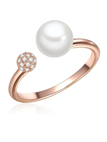 Valero Pearls Damen-Ring 925 Sterling Silber rosévergoldet Süßwasser-Zuchtperle Rund 7 mm weiß/Zirkonia - Silberring offen Süßwasserperle Perlenring von Valero Pearls