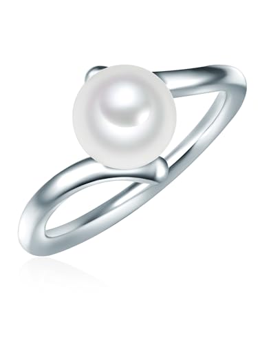 Valero Pearls Damen-Ring Welle Sterling Silber 925 Süßwasser-Zuchtperlen Button 8 mm weiß - Modern-Ring für Frauen Perlenring Süßwasser-Perle von Valero Pearls