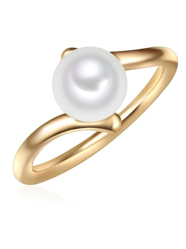 Valero Pearls Damen-Ring Welle Sterling Silber 925 gelbvergoldet Süßwasser-Zuchtperle Button 8 mm weiß - Modern-Ring für Frauen Perlenring Gelbgold von Valero Pearls
