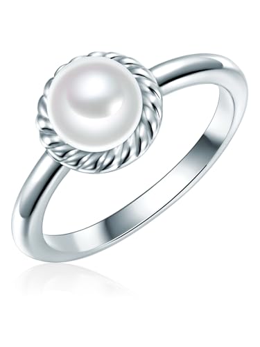 Valero Pearls Damen Ring aus 925/- Sterling Silber mit Süßwasser-Zuchtperle weiß Button 7,0-8,0 mm/Zirkonia von Valero Pearls