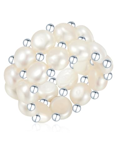 Valero Pearls Damen-Perlenring mit Süßwasser-Zuchtperlen 4-5 mm Button Weiß 925/- Sterling Silber - Perlenring flexibel einstellbar mit echten Perlen von Valero Pearls