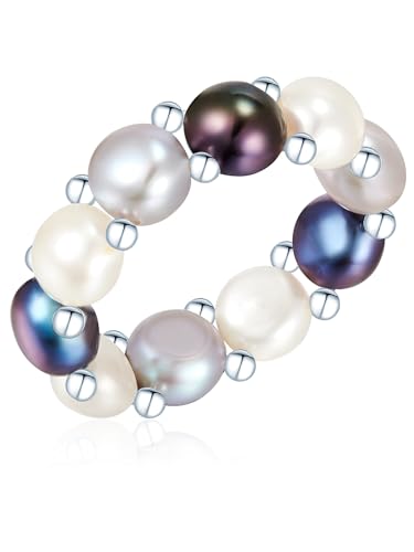 Valero Pearls Damen Perlenring mit Süßwasser-Zuchtperlen 6-7 mm weiß hellgrau pfauenblau von Valero Pearls